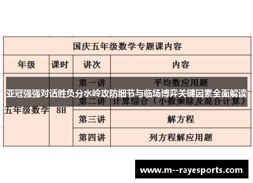 亚冠强强对话胜负分水岭攻防细节与临场博弈关键因素全面解读